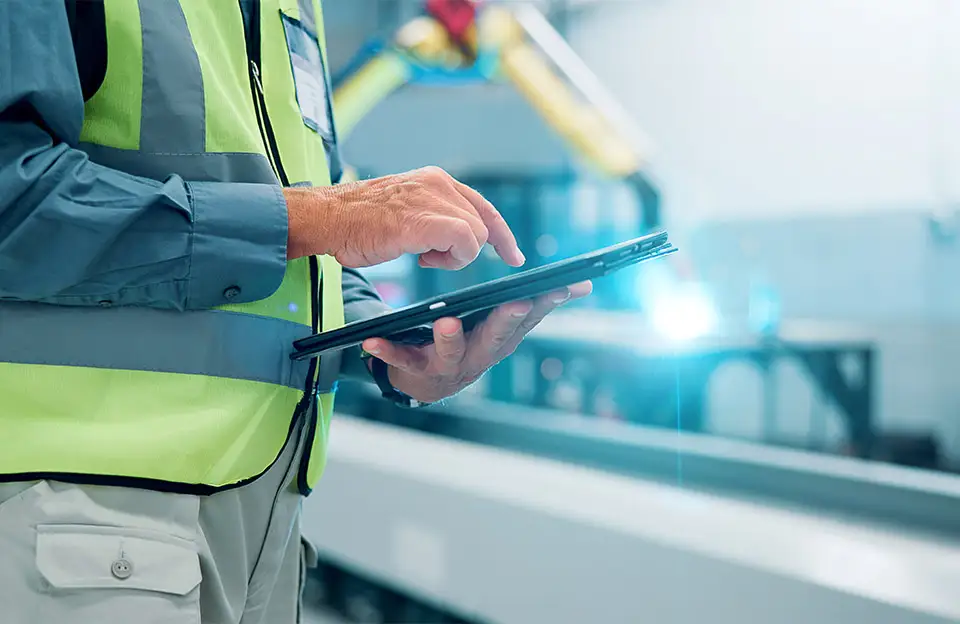 Ein Techniker tippt auf einem Tablet