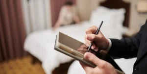 Ein Hotelmitarbeiter trägt etwas ein auf einem Tablet mit Reinigungskraft im Hintergrund