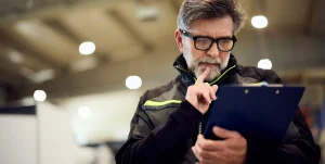 Ein Profi betrachtet einen Wartungsplan auf einem Tablet