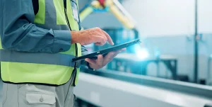 Ein Techniker beim Ausfüllen eines Wartungsprotokolls in einer Maschinenhalle