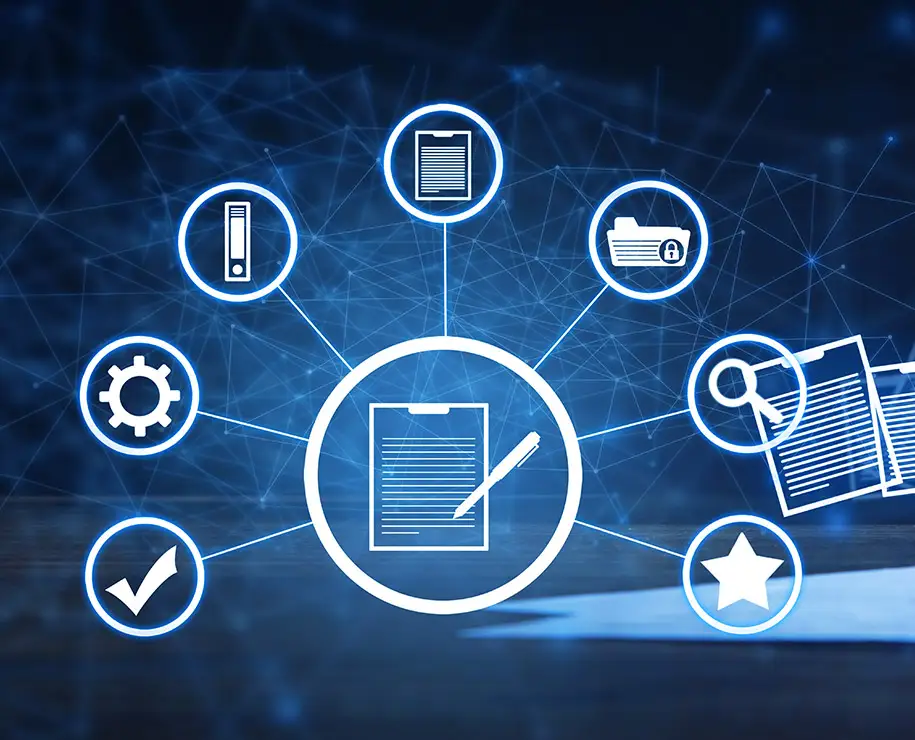 Ein Formular steht im Zentrum verschiedener Symbole