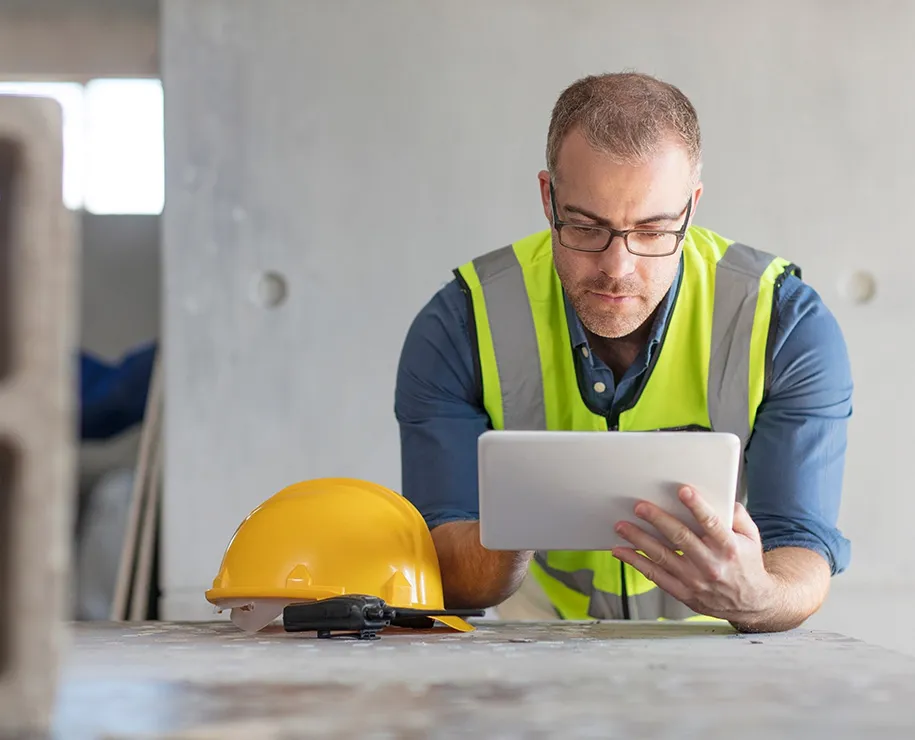Ein Bauingenieur mit Warnweste bearbeitet interaktive Formulare auf einem Tablet