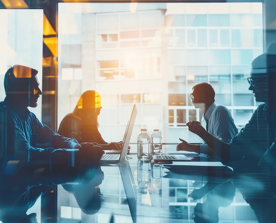 Silhouetten von Menschen in einem lichten Büro sitzen vor einem großen Fenster