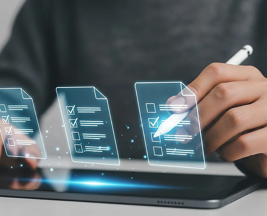 Formulare schweben symbolisch über einem Tablet