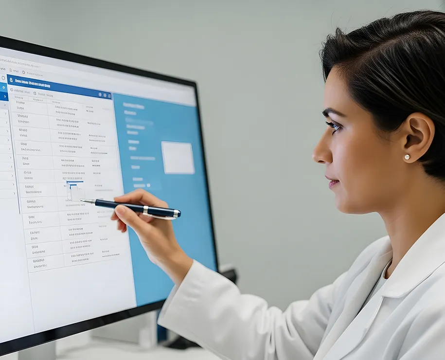 Eine Ärztin bei der Formulareingabe auf einem Monitor