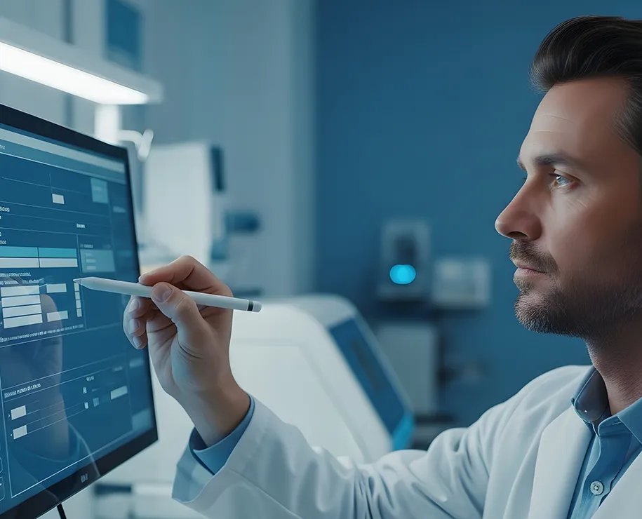 Ein Laborant bearbeitet ein Formular mit dem Eingabestift auf einem Bildschirm