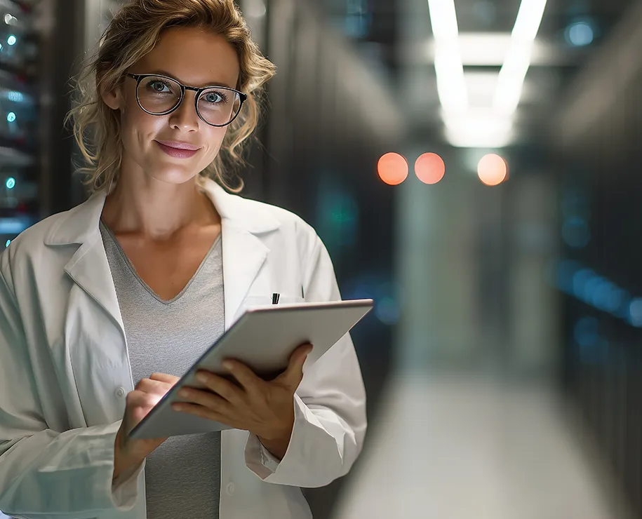 Eine zufriedene Frau im weißen Kittel steht mit Tablet in einem Serverraum