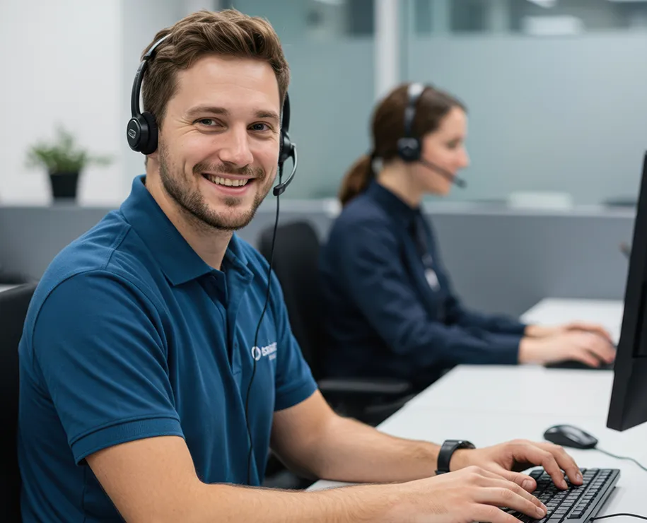 Ein freundlicher Mitarbeiter mit Headset am Computerarbeitsplatz