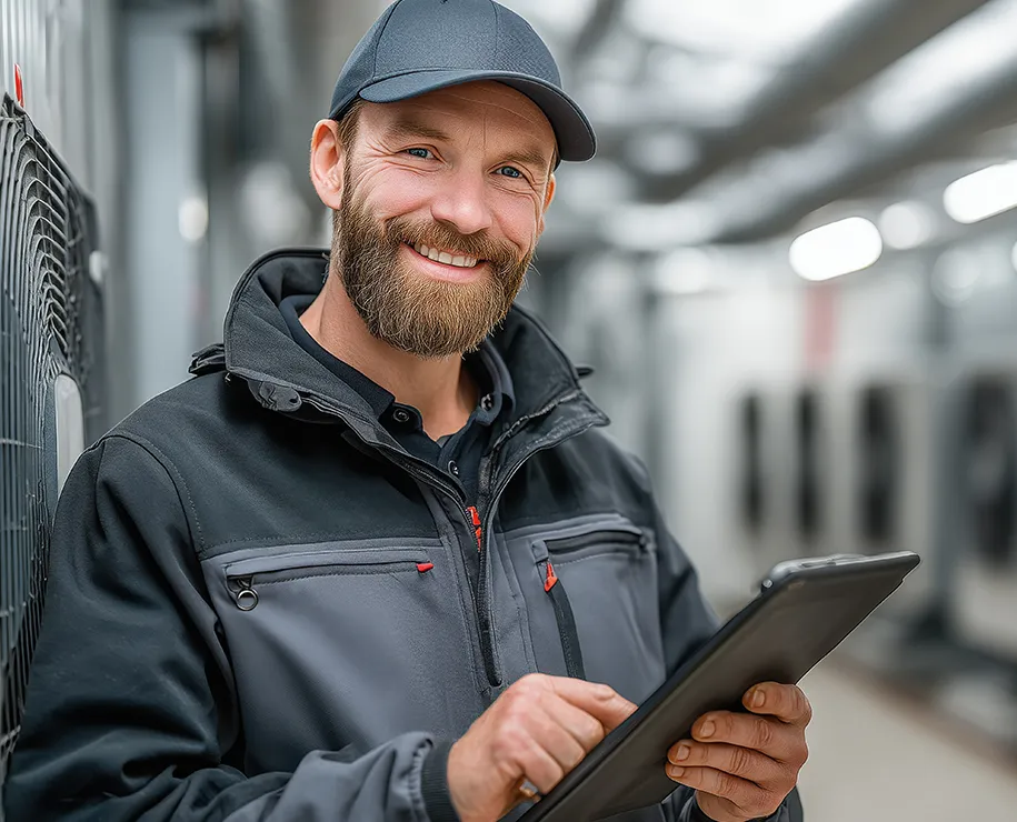 Ein Servicemitarbeiter steht mit Tablet in einer Anlage